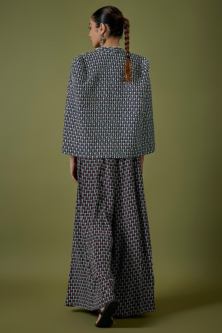Blue Crepe Printed Jacket Set by Sva By Sonam & Paras Modi at Pernia's Pop Up Shop