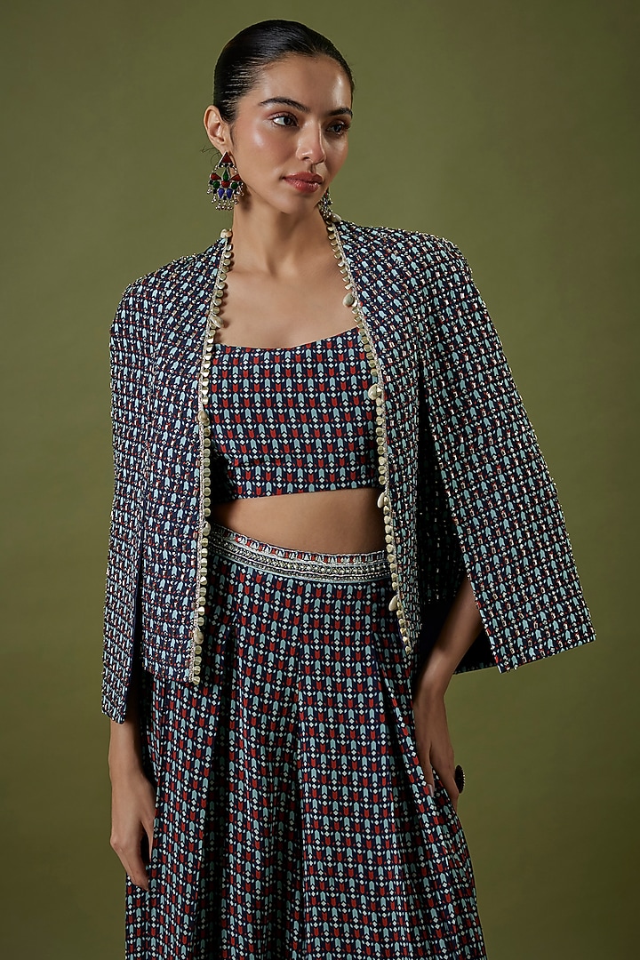 Blue Crepe Printed Jacket Set by Sva By Sonam & Paras Modi at Pernia's Pop Up Shop