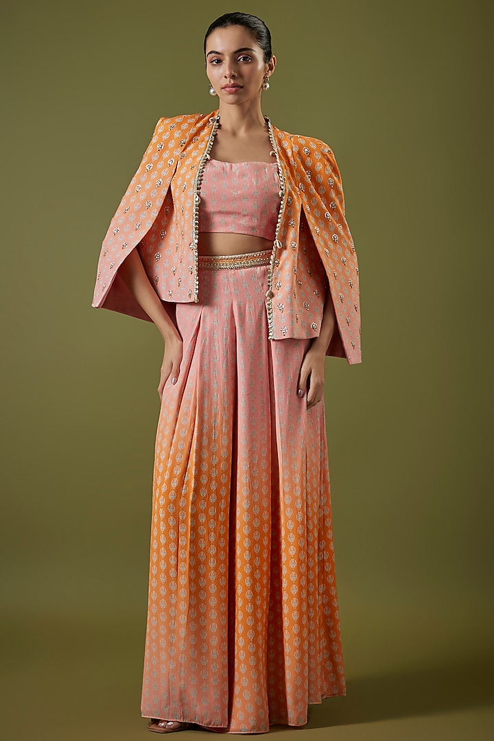 Orange-Pink Crepe Printed Ombre Jacket Set by Sva By Sonam & Paras Modi at Pernia's Pop Up Shop