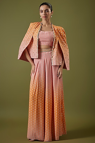Orange-Pink Crepe Printed Ombre Jacket Set by Sva By Sonam & Paras Modi