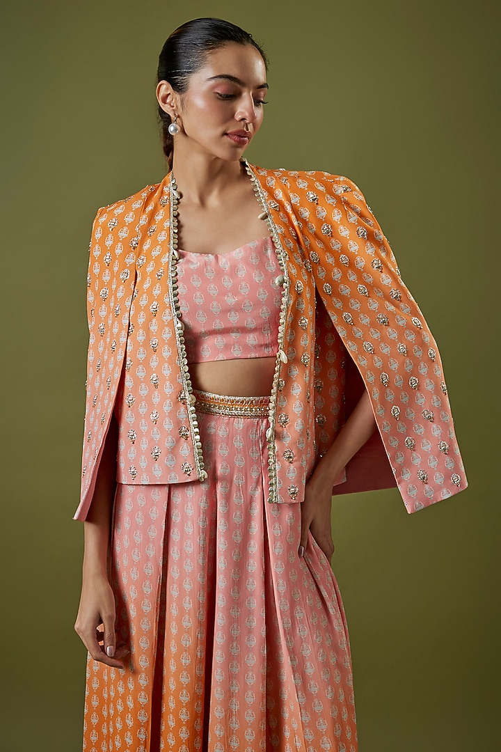 Orange-Pink Crepe Printed Ombre Jacket Set by Sva By Sonam & Paras Modi at Pernia's Pop Up Shop