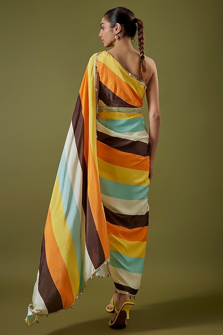 Multi-Colored Habutai Silk Striped One-Shoulder Cowl Draped Cocktail Dress by Sva By Sonam & Paras Modi at Pernia's Pop Up Shop