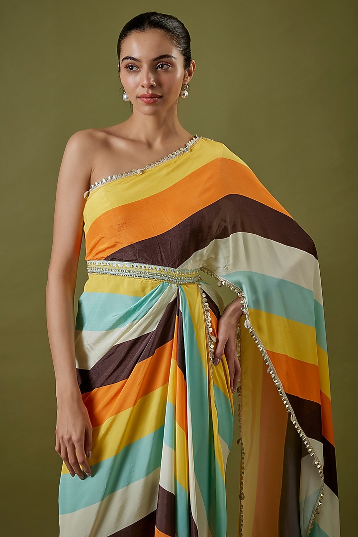 Multi-Colored Habutai Silk Striped One-Shoulder Cowl Draped Cocktail Dress by Sva By Sonam & Paras Modi at Pernia's Pop Up Shop