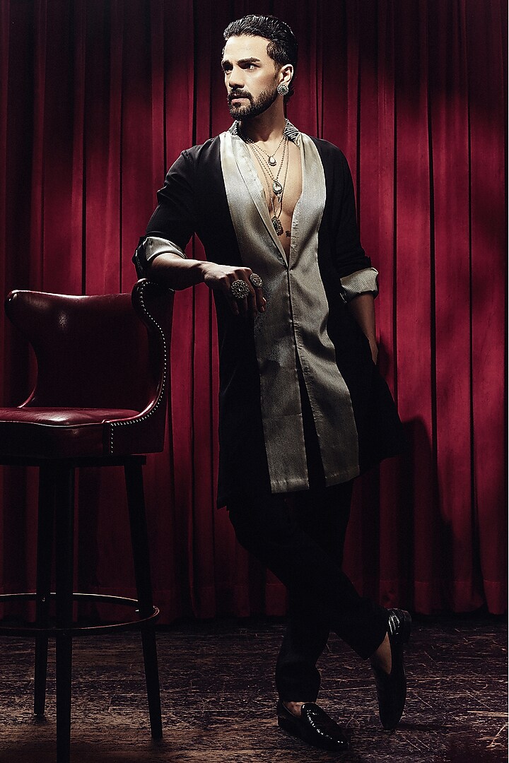 Black & Silver Tissue Open Kurta Set by Sva By Sonam & Paras Modi Men at Pernia's Pop Up Shop