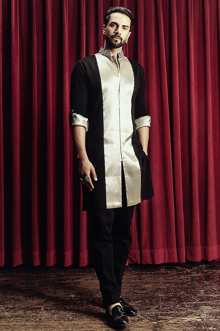 Black & Silver Tissue Open Kurta Set by Sva By Sonam & Paras Modi Men at Pernia's Pop Up Shop
