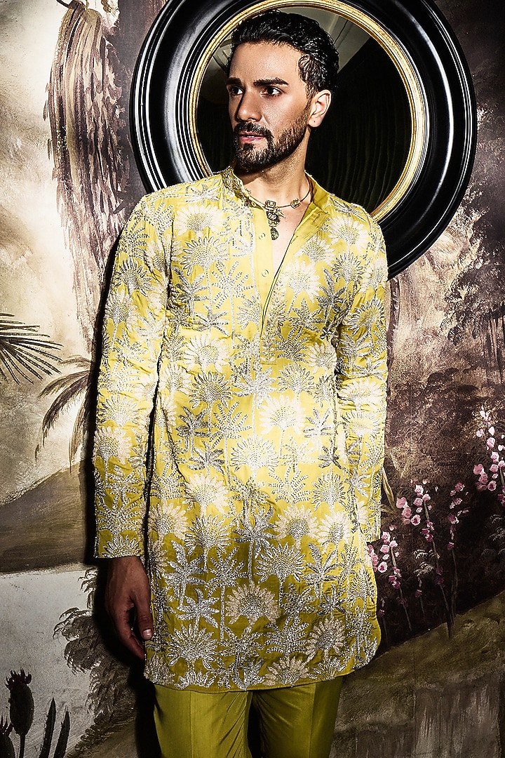 Lime Green Satin Thread Embroidered Kurta Set by Sva By Sonam & Paras Modi Men at Pernia's Pop Up Shop