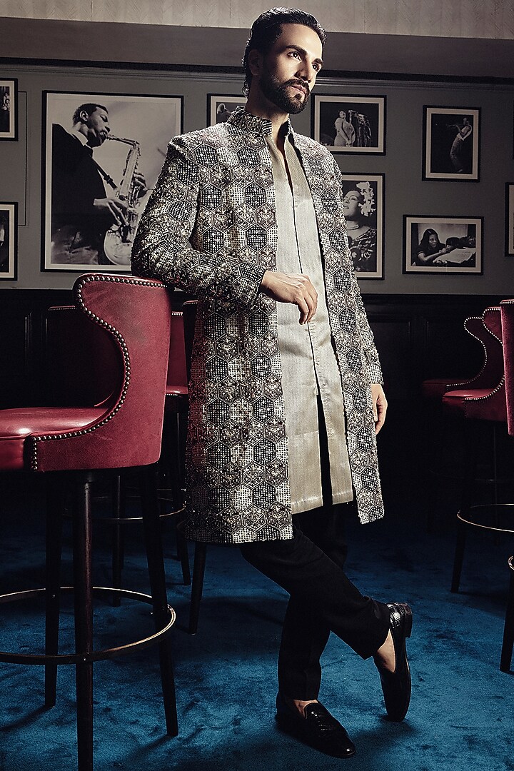 Brown Silk Printed & Embellished Groom Sherwani Set by Sva By Sonam & Paras Modi Men at Pernia's Pop Up Shop