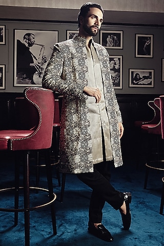 Brown Silk Printed & Embellished Sherwani Set by Sva By Sonam & Paras Modi Men