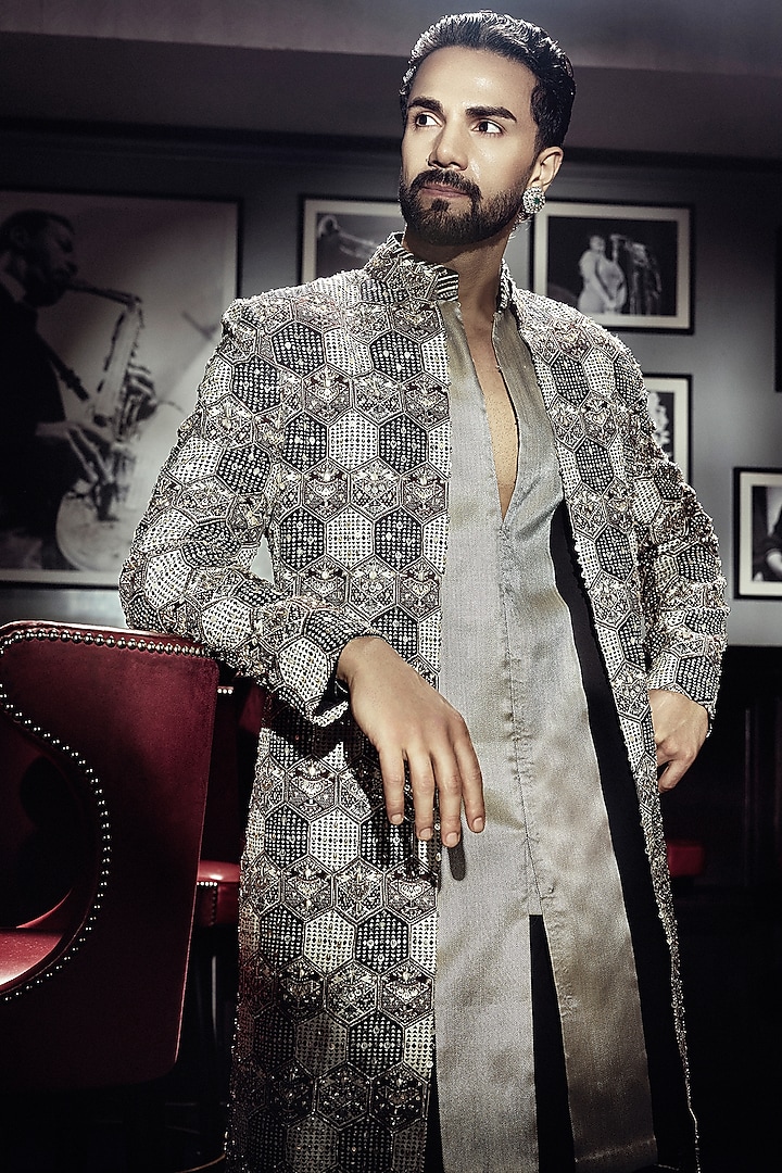 Brown Silk Printed & Embellished Groom Sherwani Set by Sva By Sonam & Paras Modi Men at Pernia's Pop Up Shop