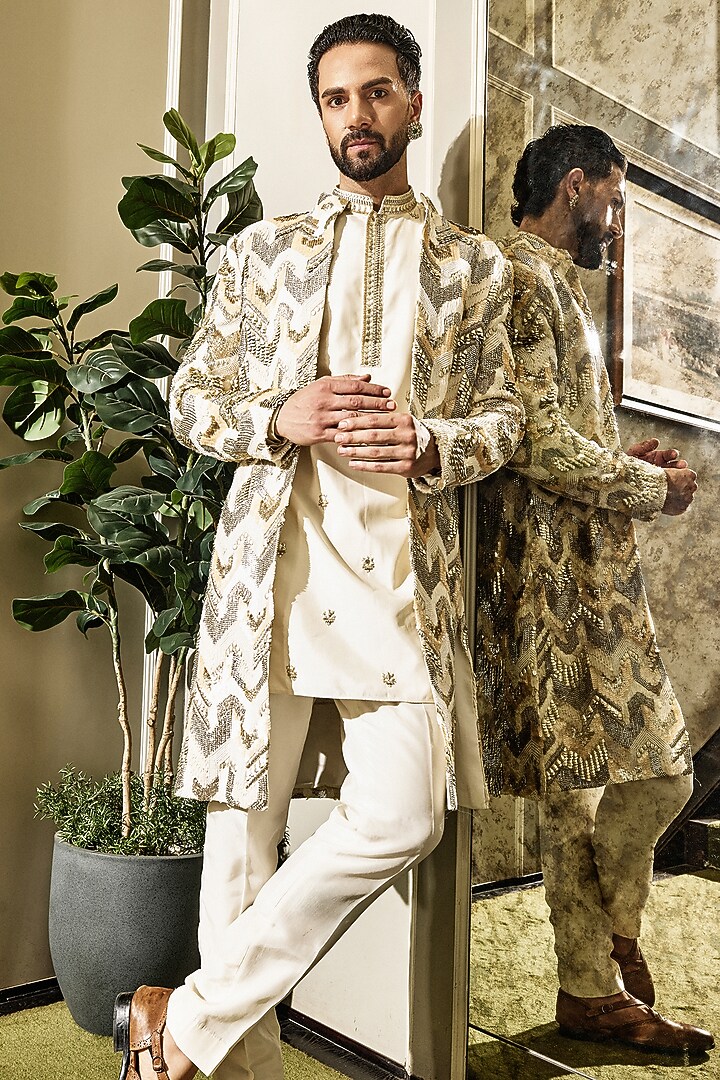 Ivory Crepe Sequins Embroidered Groom Sherwani Set by Sva By Sonam & Paras Modi Men at Pernia's Pop Up Shop