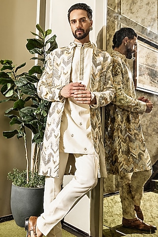 Ivory Crepe Sequins Embroidered Sherwani Set by Sva By Sonam & Paras Modi Men