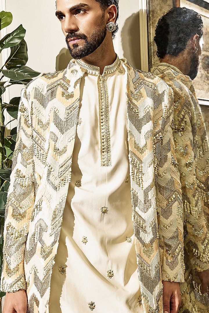 Ivory Crepe Sequins Embroidered Groom Sherwani Set by Sva By Sonam & Paras Modi Men at Pernia's Pop Up Shop