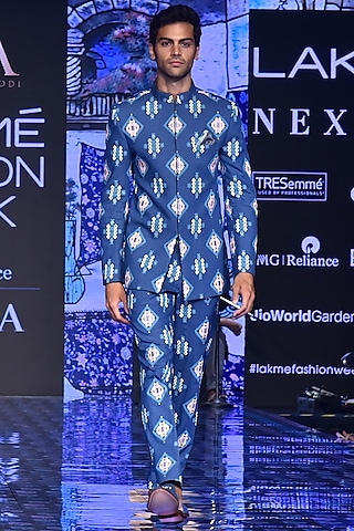 Blue Printed Bandhgala Jacket With Pants by SVA BY SONAM & PARAS MODI Men