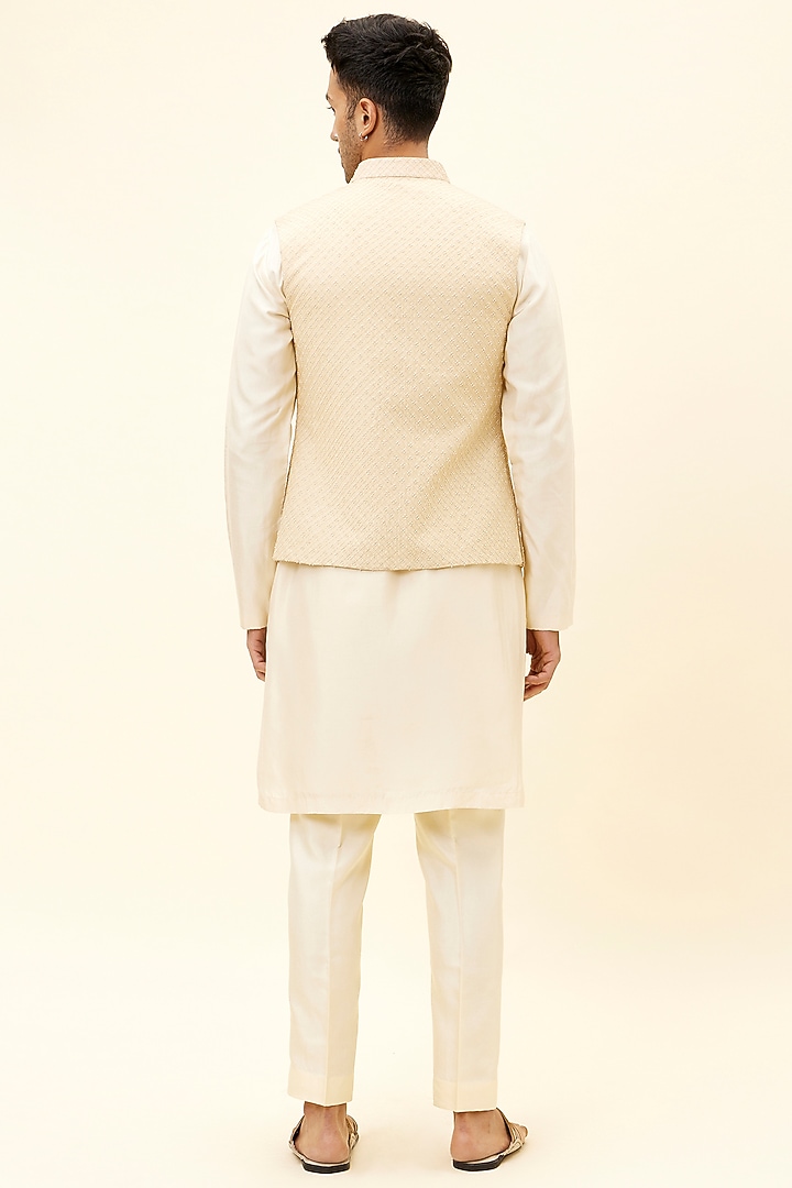 Beige Silk Boota Embroidered Bundi Jacket by SVA BY SONAM & PARAS MODI Men at Pernia's Pop Up Shop