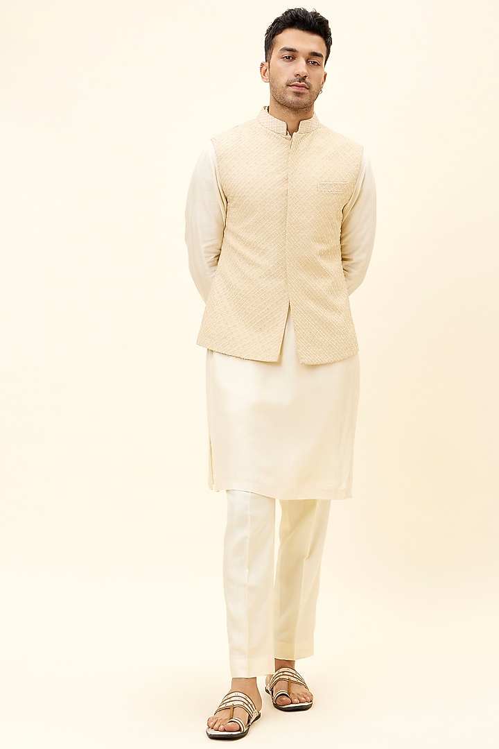 Beige Silk Boota Embroidered Bundi Jacket by SVA BY SONAM & PARAS MODI Men at Pernia's Pop Up Shop