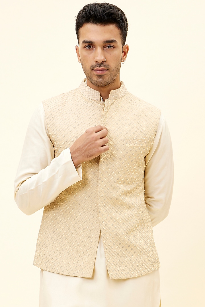 Beige Silk Boota Embroidered Bundi Jacket by SVA BY SONAM & PARAS MODI Men at Pernia's Pop Up Shop