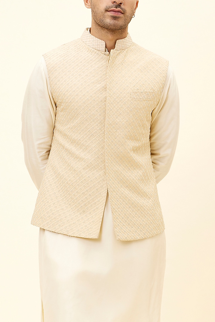 Beige Silk Boota Embroidered Bundi Jacket by SVA BY SONAM & PARAS MODI Men at Pernia's Pop Up Shop