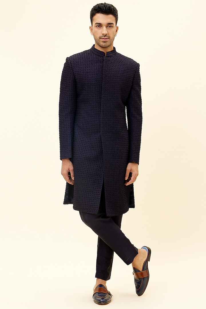 Midnight Blue Silk Embroidered Groom Sherwani Set by SVA BY SONAM & PARAS MODI Men at Pernia's Pop Up Shop
