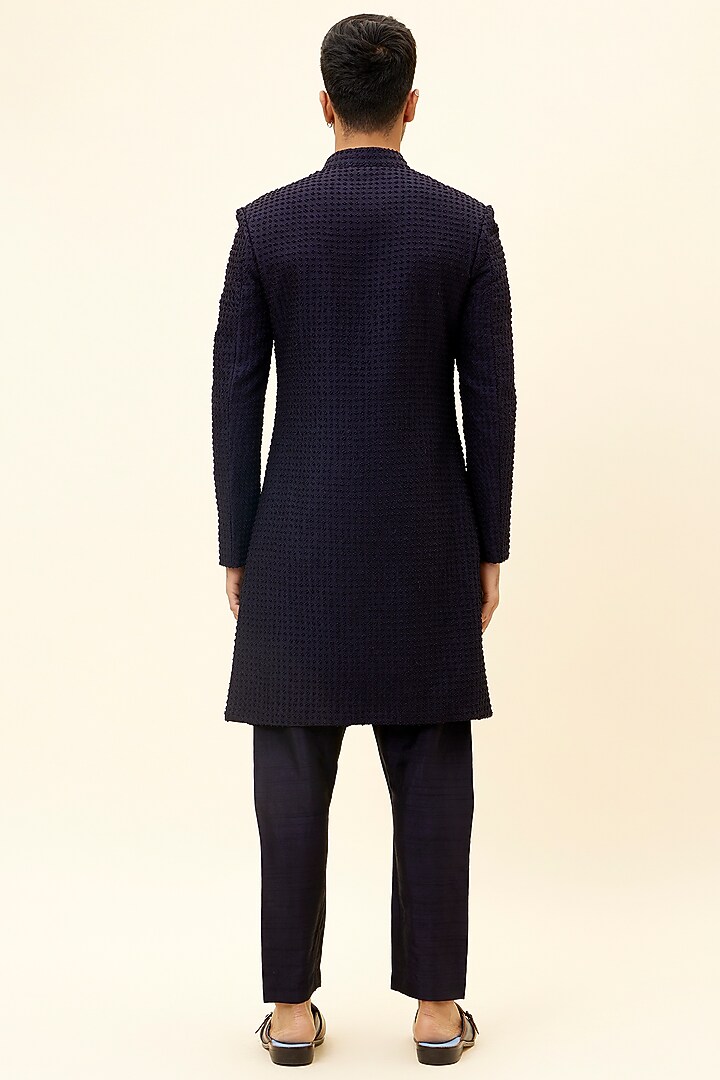 Midnight Blue Silk Embroidered Groom Sherwani Set by SVA BY SONAM & PARAS MODI Men at Pernia's Pop Up Shop
