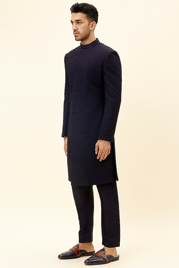 Midnight Blue Silk Embroidered Groom Sherwani Set by SVA BY SONAM & PARAS MODI Men at Pernia's Pop Up Shop