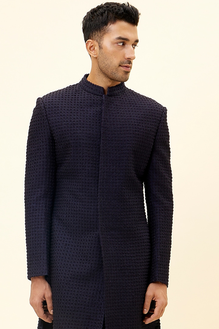 Midnight Blue Silk Embroidered Groom Sherwani Set by SVA BY SONAM & PARAS MODI Men at Pernia's Pop Up Shop