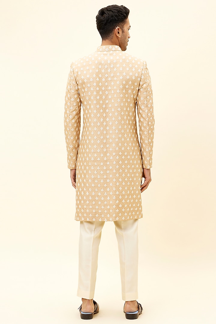 Beige Silk Boota Embroidered Groom Sherwani Set by SVA BY SONAM & PARAS MODI Men at Pernia's Pop Up Shop