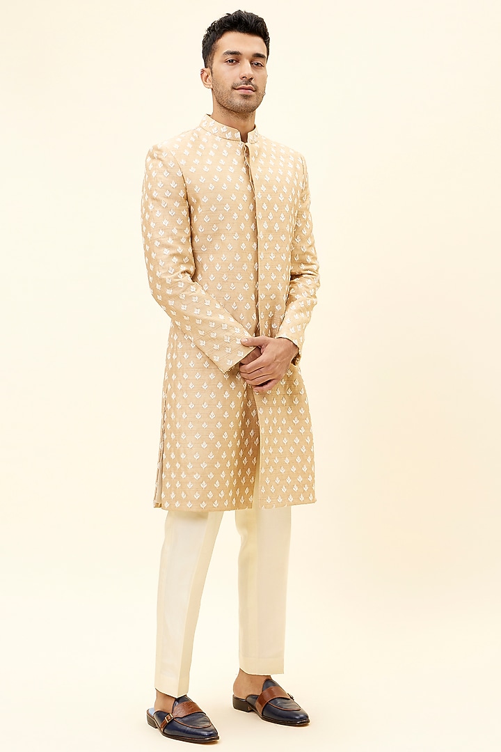 Beige Silk Boota Embroidered Groom Sherwani Set by SVA BY SONAM & PARAS MODI Men at Pernia's Pop Up Shop