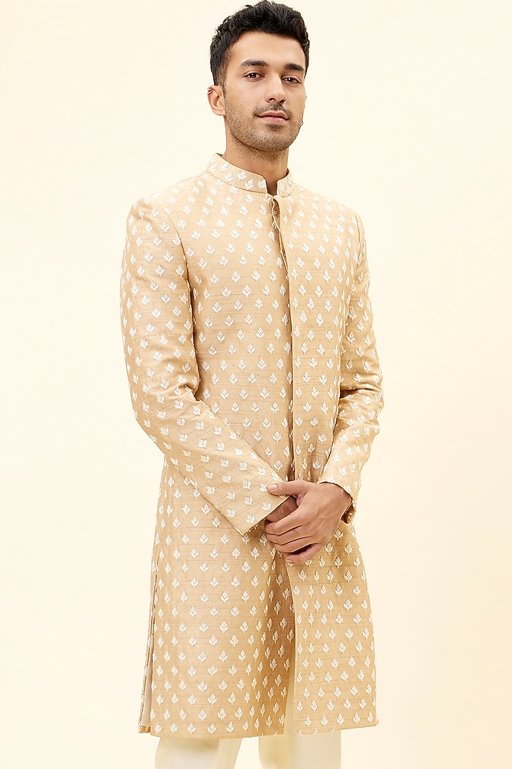 Beige Silk Boota Embroidered Groom Sherwani Set by SVA BY SONAM & PARAS MODI Men at Pernia's Pop Up Shop
