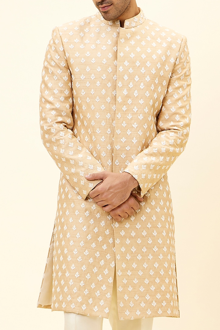 Beige Silk Boota Embroidered Groom Sherwani Set by SVA BY SONAM & PARAS MODI Men at Pernia's Pop Up Shop