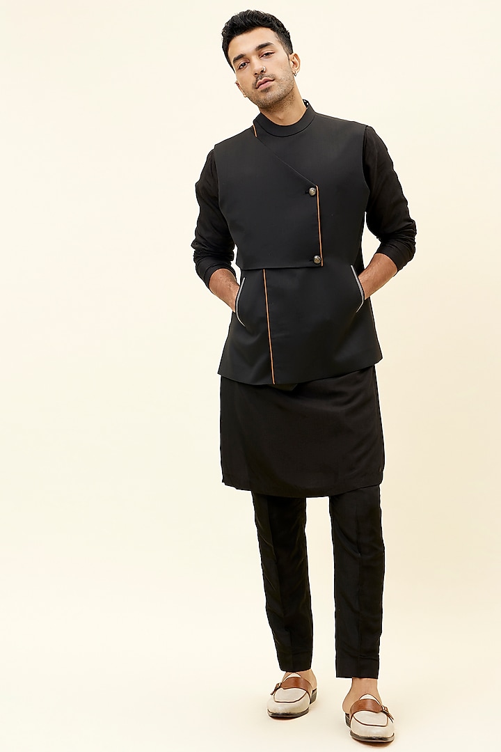 Black Suiting Overlap Bundi Jacket by Sva By Sonam & Paras Modi Men