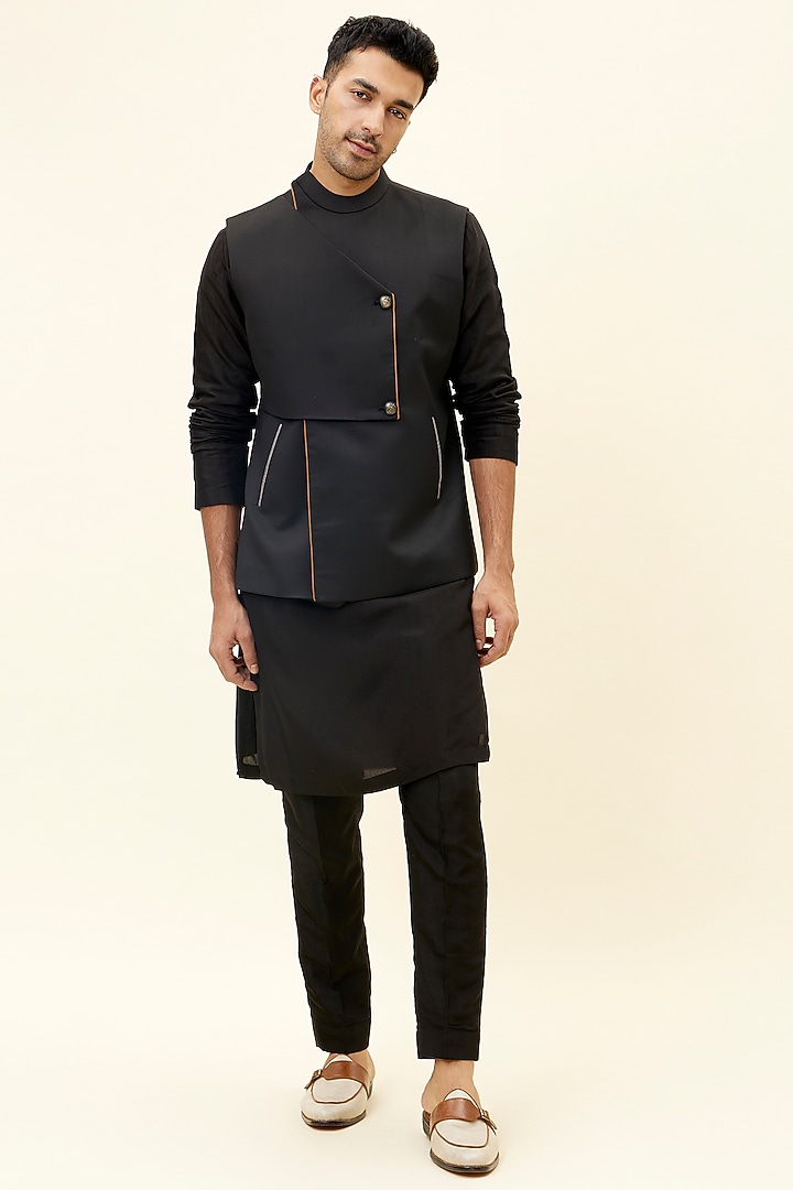 Black Suiting Overlap Bundi Jacket by SVA BY SONAM & PARAS MODI Men at Pernia's Pop Up Shop