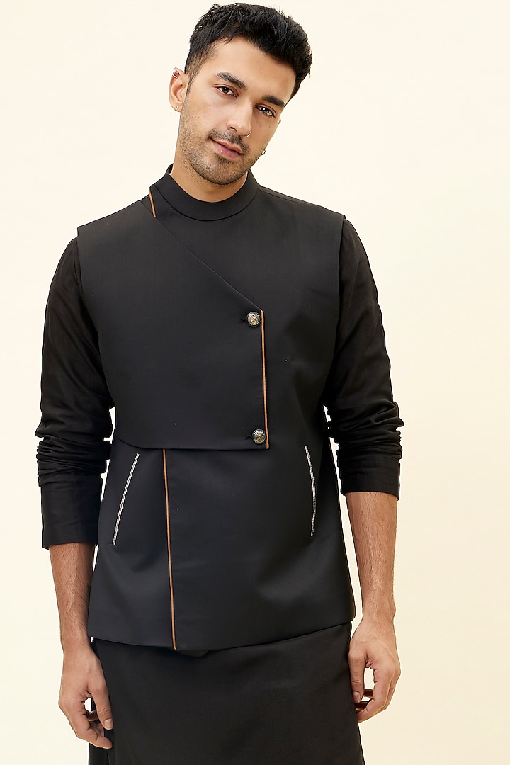 Black Suiting Overlap Bundi Jacket by SVA BY SONAM & PARAS MODI Men at Pernia's Pop Up Shop
