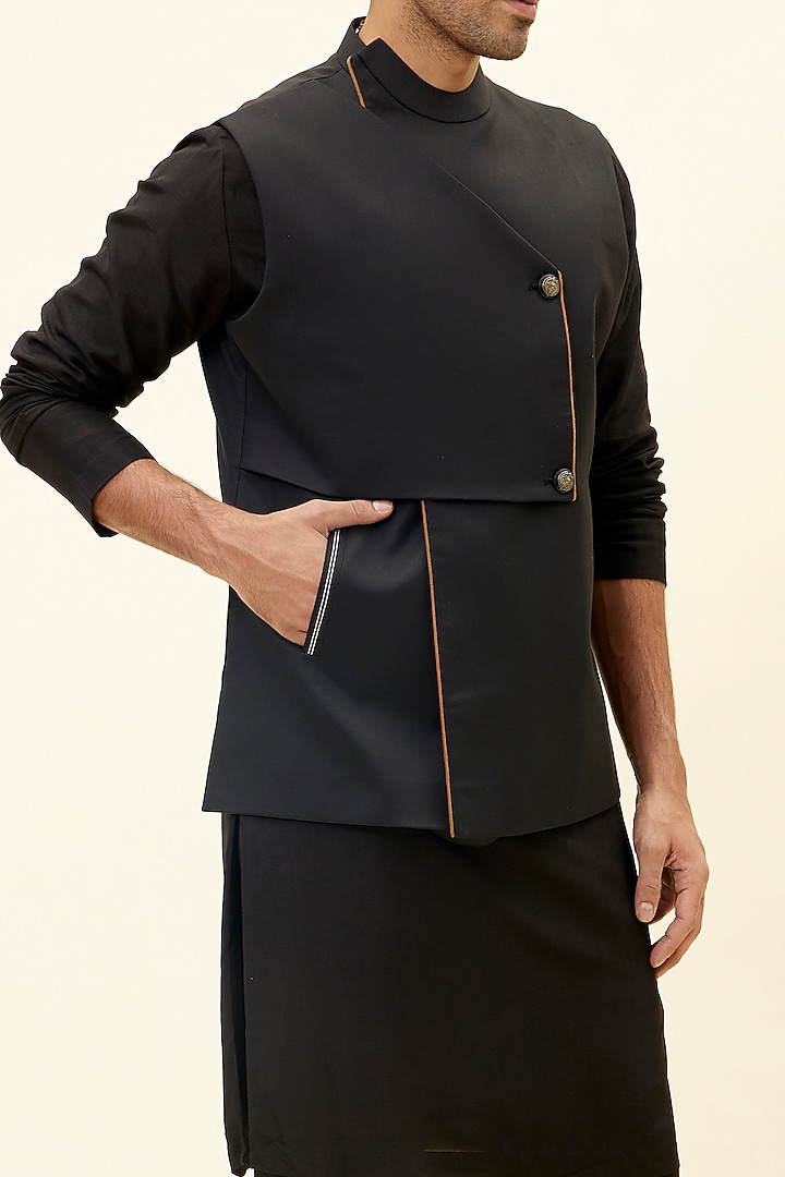 Black Suiting Overlap Bundi Jacket by SVA BY SONAM & PARAS MODI Men at Pernia's Pop Up Shop