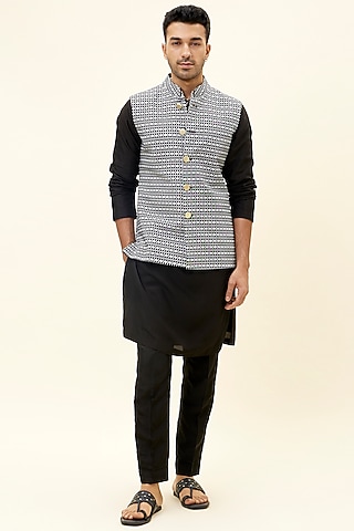 Black Raw Silk Printed Bundi Jacket by SVA BY SONAM & PARAS MODI Men