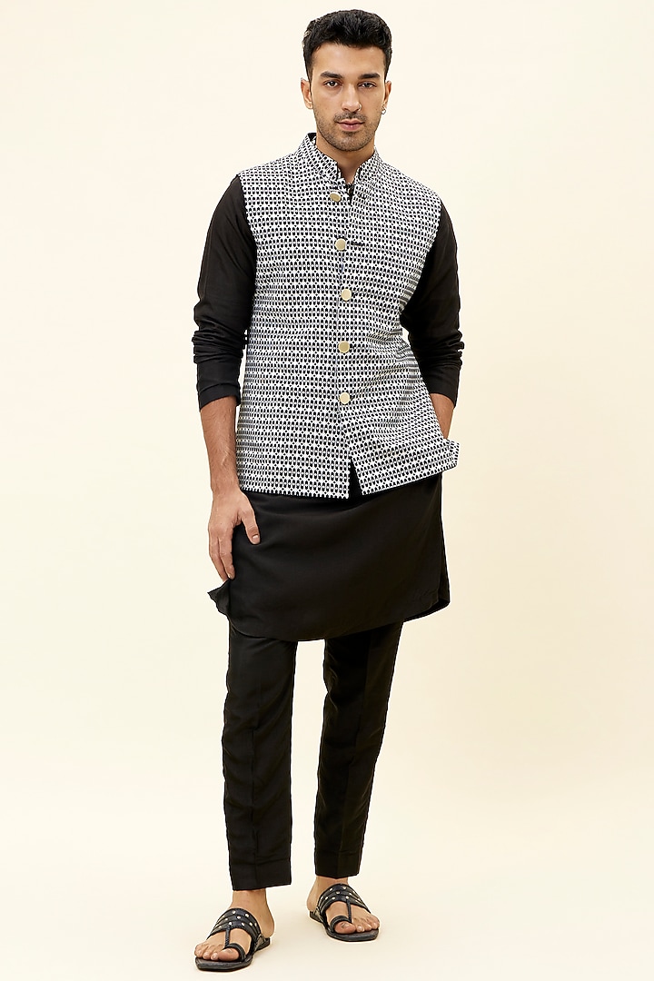 Black Raw Silk Printed Bundi Jacket by SVA BY SONAM & PARAS MODI Men at Pernia's Pop Up Shop