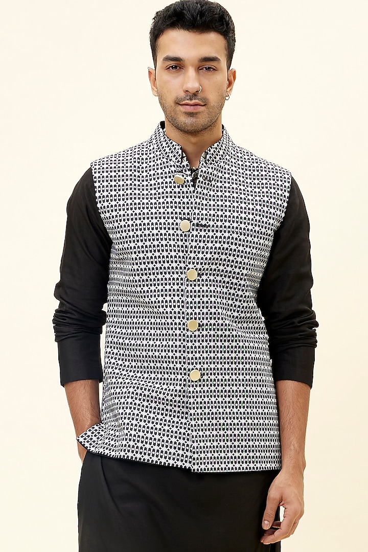 Black Raw Silk Printed Bundi Jacket by SVA BY SONAM & PARAS MODI Men at Pernia's Pop Up Shop
