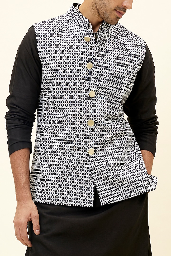 Black Raw Silk Printed Bundi Jacket by SVA BY SONAM & PARAS MODI Men at Pernia's Pop Up Shop