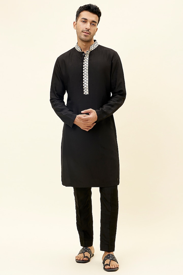Black Silk Embroidered Kurta Set by SVA BY SONAM & PARAS MODI Men at Pernia's Pop Up Shop
