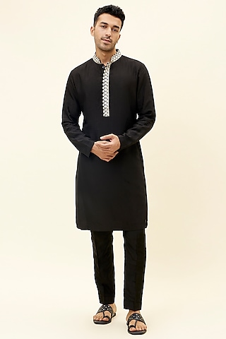 Black Silk Embroidered Kurta Set by SVA BY SONAM & PARAS MODI Men