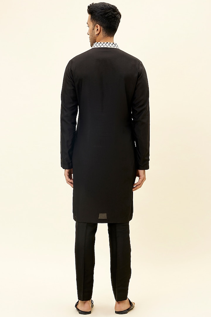 Black Silk Embroidered Kurta Set by SVA BY SONAM & PARAS MODI Men at Pernia's Pop Up Shop