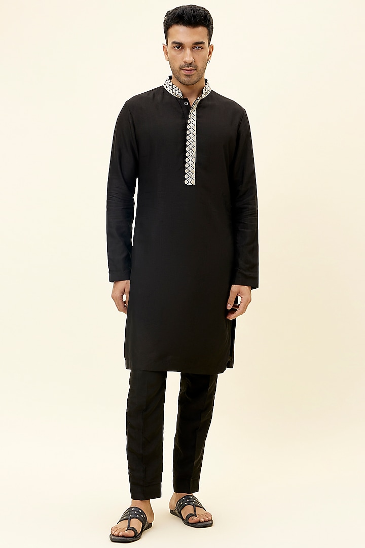 Black Silk Embroidered Kurta Set by SVA BY SONAM & PARAS MODI Men at Pernia's Pop Up Shop