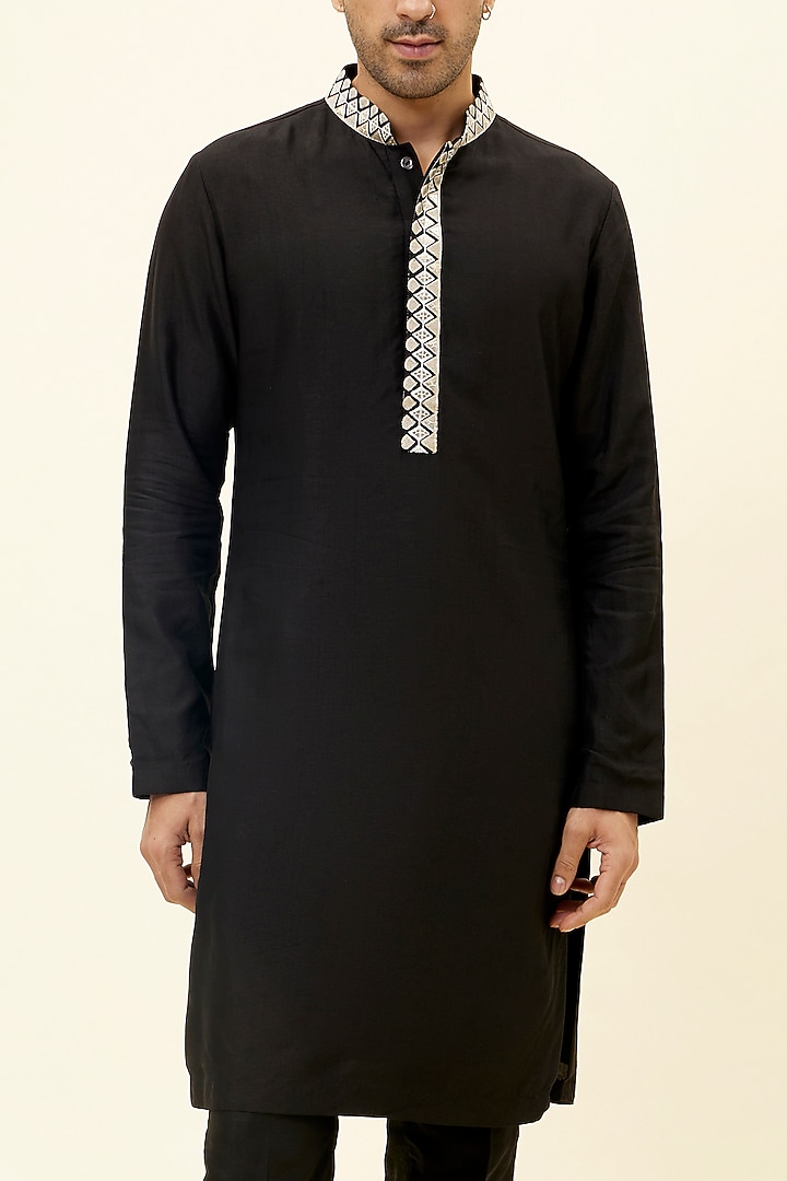 Black Silk Embroidered Kurta Set by SVA BY SONAM & PARAS MODI Men at Pernia's Pop Up Shop