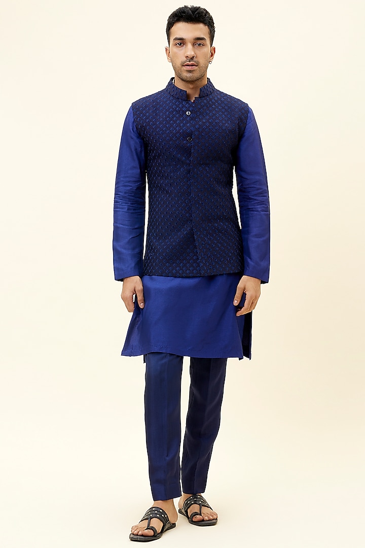 Blue Silk Embroidered Bundi Jacket by Sva By Sonam & Paras Modi Men