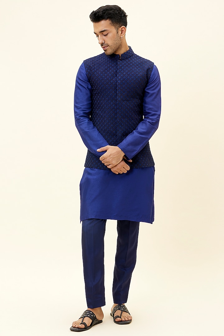 Blue Silk Thread Embroidered Bundi Jacket by SVA BY SONAM & PARAS MODI Men at Pernia's Pop Up Shop