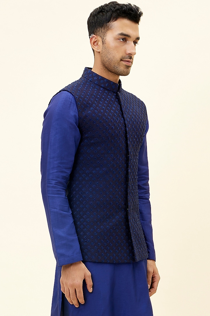 Blue Silk Thread Embroidered Bundi Jacket by SVA BY SONAM & PARAS MODI Men at Pernia's Pop Up Shop