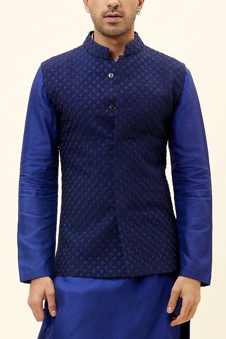 Blue Silk Thread Embroidered Bundi Jacket by SVA BY SONAM & PARAS MODI Men at Pernia's Pop Up Shop