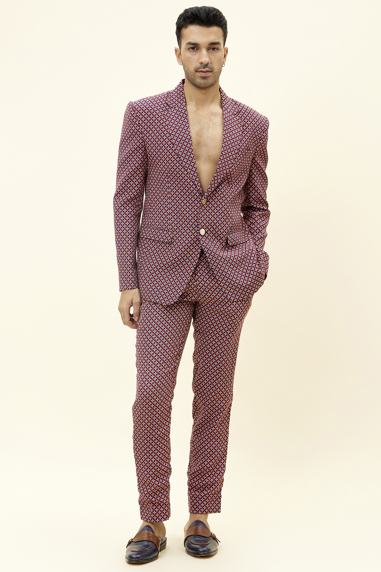 Blue Crepe Silk Printed Blazer Set by Sva By Sonam & Paras Modi Men