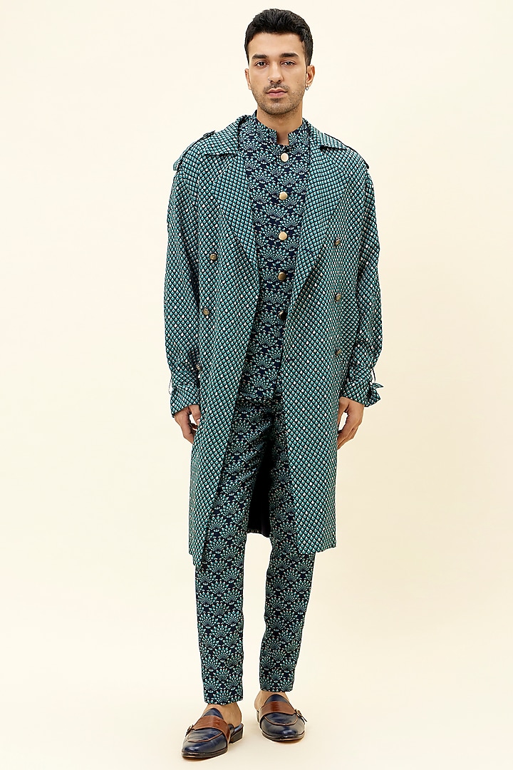 Blue Crepe Silk Printed Jacket by Sva By Sonam & Paras Modi Men