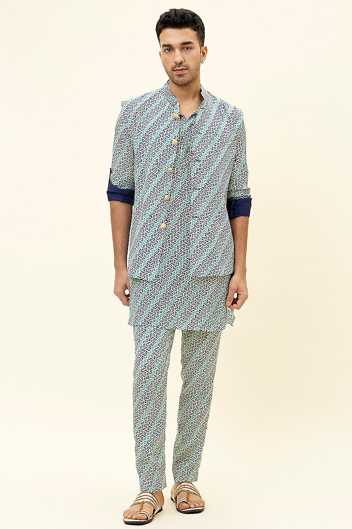 Blue Silk Printed Bundi Jacket by Sva By Sonam & Paras Modi Men