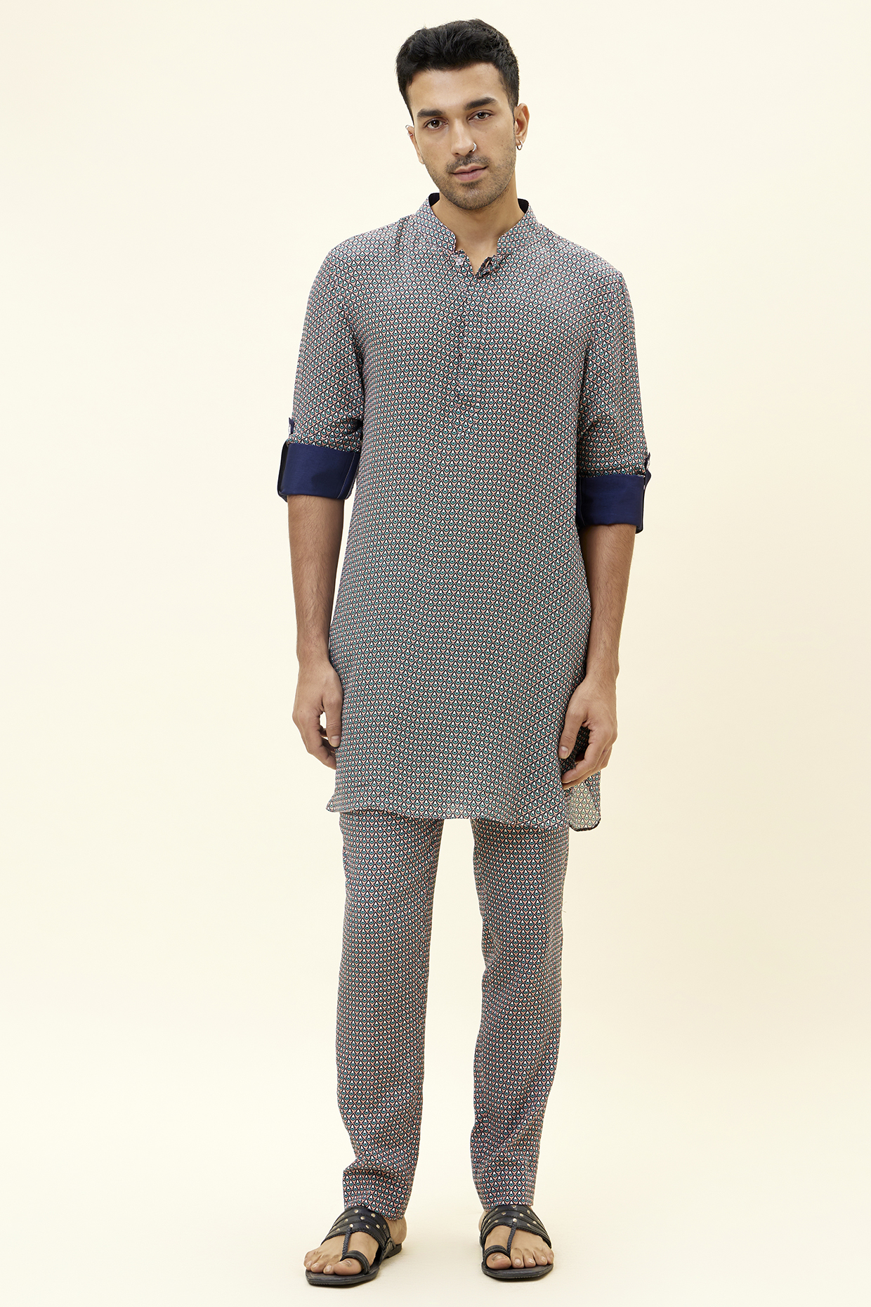 Blue Crepe Silk Printed Kurta Set by Sva By Sonam & Paras Modi Men